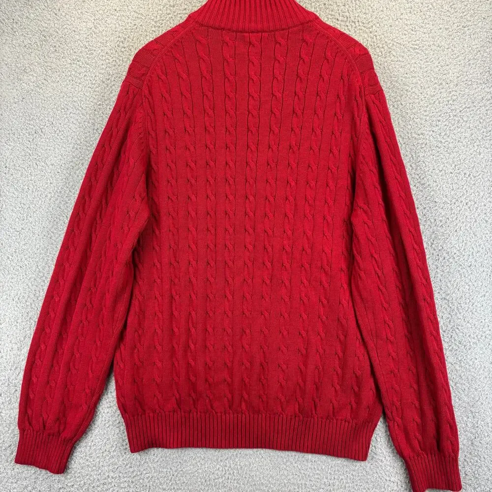 IZOD Cable Knit Sweater Mens XL Red Nautical Prep Grandpa Cotton Jumper 1/4 Zip